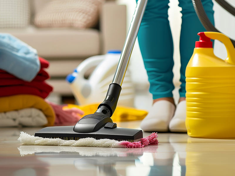 Cleaner vacuuming and tidying a living room as part of a regular clean