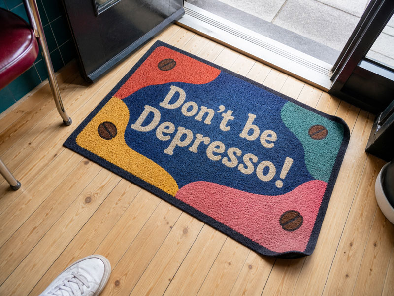 Close-up of the café's sanded floorboards by the front door, with a colourful Don't be Depresso doormat