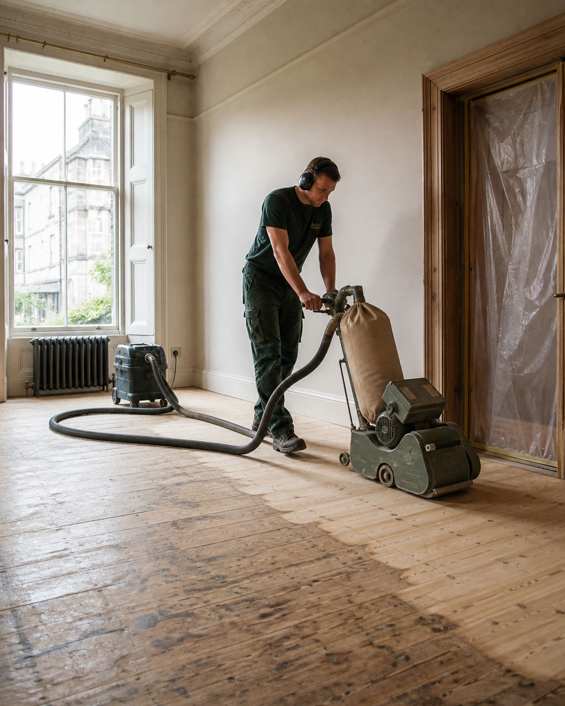Wood floor sander mid-job in an Edinburgh tenement living room, dust-free sanding machine working a strip of bare pine floorboard next to the finished, sealed section