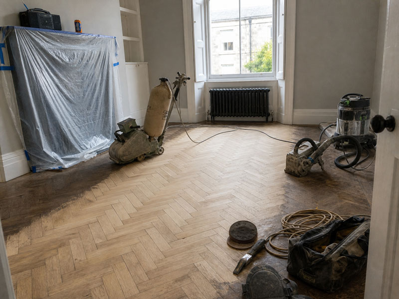 Herringbone parquet floor mid-sand, dust extractor and edging sander still in the room before the final finish went on