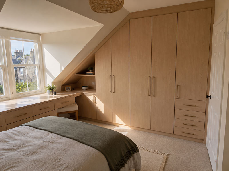Floor-to-ceiling fitted wardrobes and a built-in desk nook in a loft bedroom with a sloped ceiling