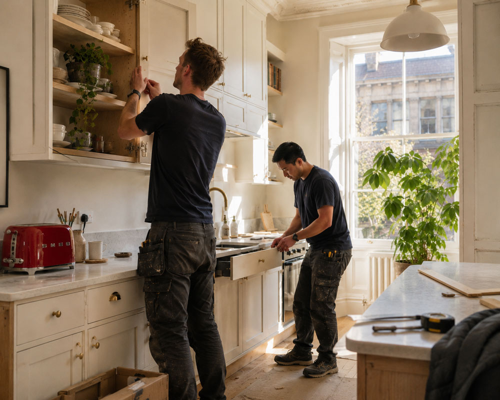 Two joiners fitting a shaker kitchen in a bright period Edinburgh property, hanging a wall cabinet and fitting a drawer