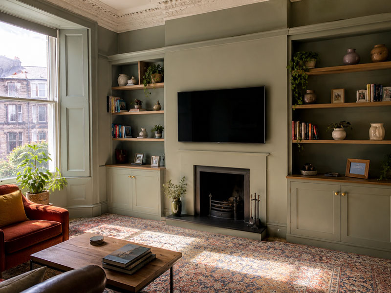 Built-in alcove shelving and cabinetry either side of a fireplace, framing a wall-mounted TV