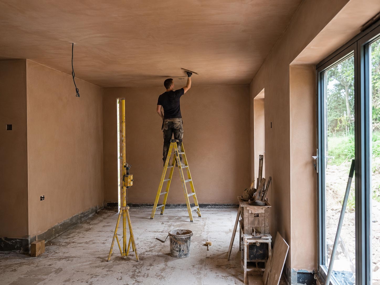Plasterer skimming the ceiling of a new kitchen extension from a step ladder — Colinton, Edinburgh