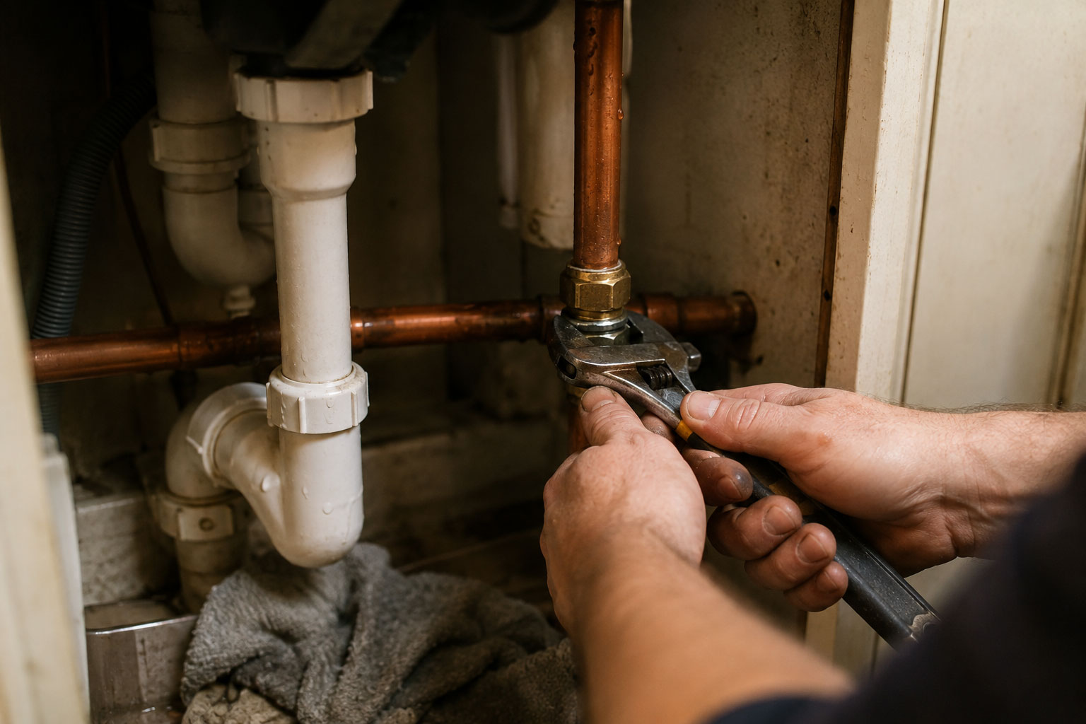Close-up of hands using an adjustable wrench to tighten a compression fitting on copper pipework under a kitchen sink