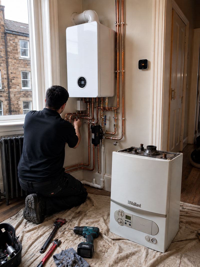 Plumber kneeling to connect copper pipework to a newly installed white combi boiler, with the old Vaillant boiler disconnected on the floor beside him