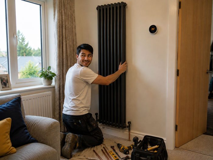 Plumber kneeling to fit a tall vertical column radiator in a living room, with a smart thermostat mounted on the wall beside it