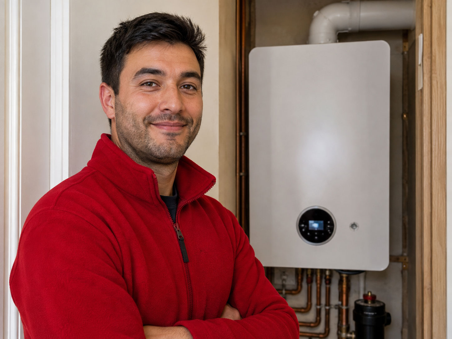 Callander Plumbing engineer standing beside a newly installed combi boiler and copper pipework