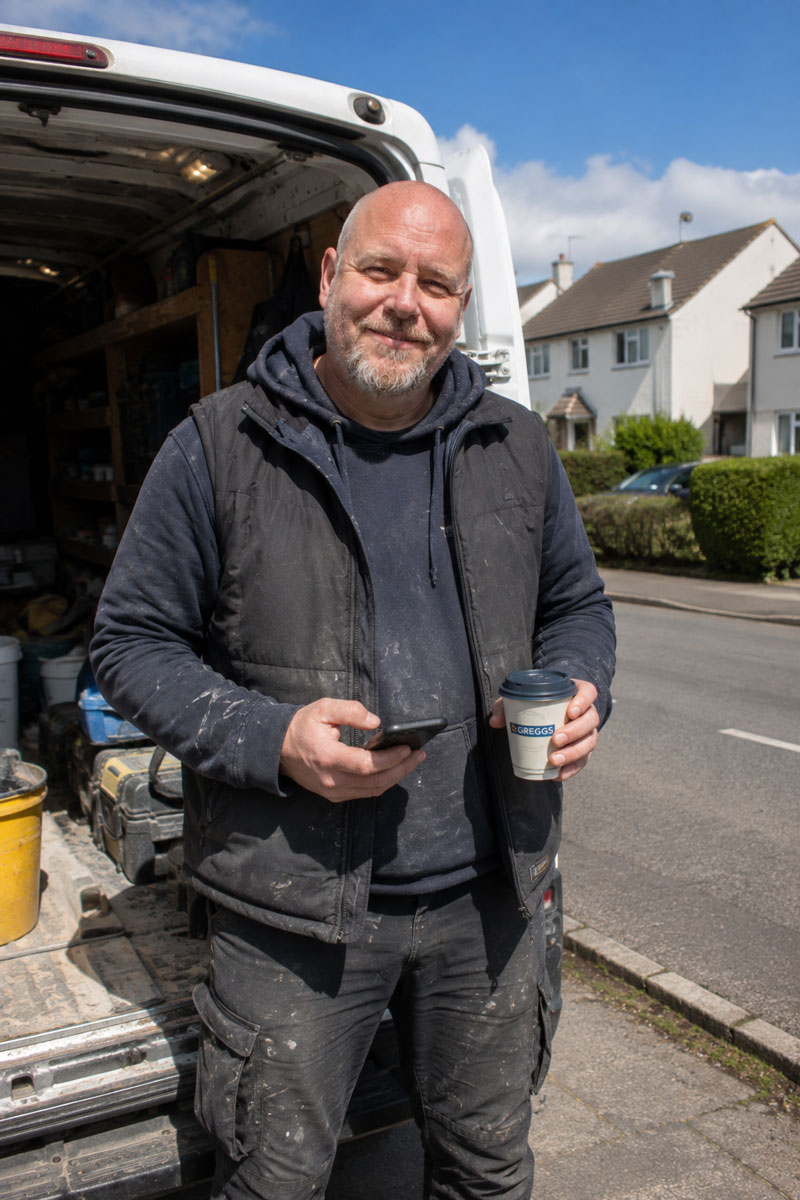 Tam Redpath, founder of Redpath Roofing, at the back of the works van between jobs