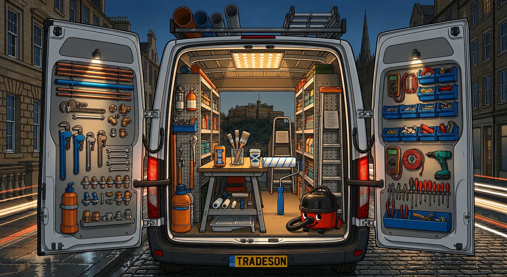 White tradesman van packed with paint brushes, tools and equipment with Edinburgh Castle visible in the background — representing Edinburgh tradesmen