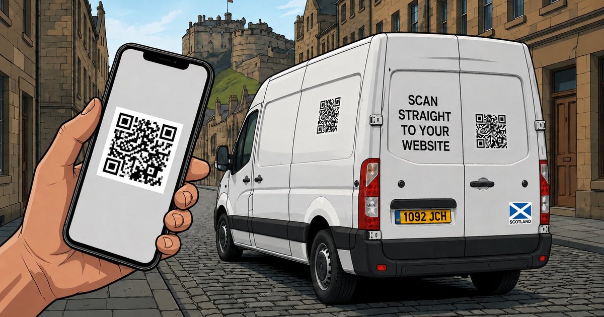 Hand holding a phone scanning a WhatsApp QR code on a white tradesman van parked on Edinburgh cobblestones with a Scottish flag sticker