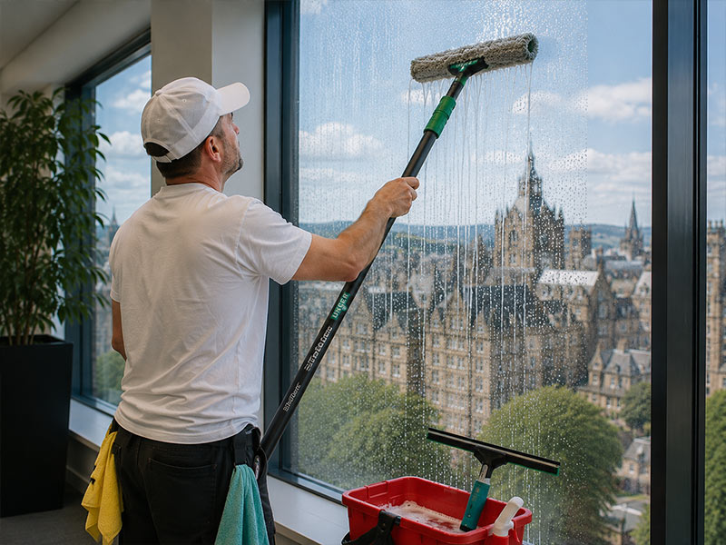 John cleaning an office window with a water-fed pole, overlooking the Edinburgh skyline