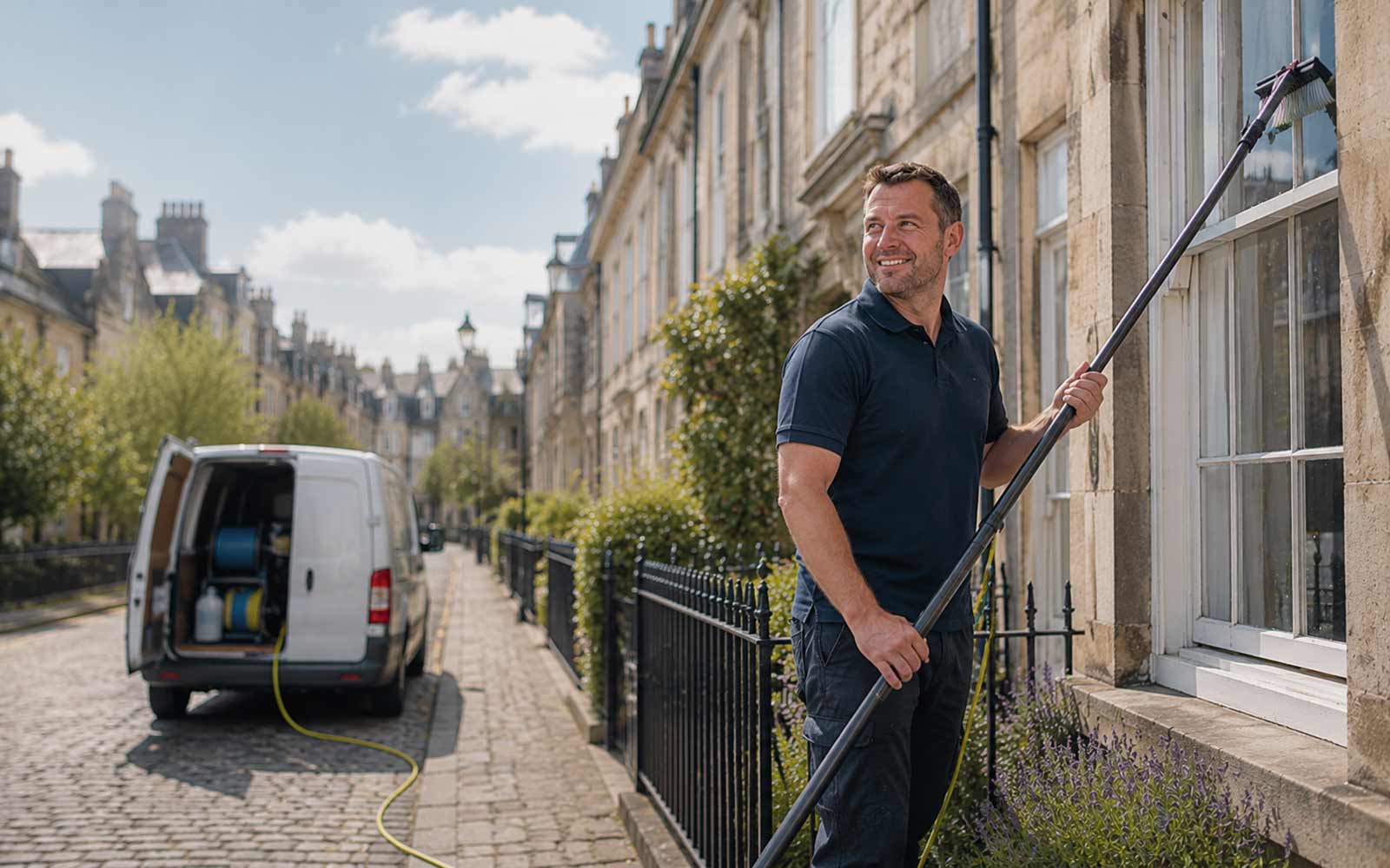 John Dean cleaning a sash window on an Edinburgh New Town terrace using a water-fed pole, with his van parked nearby