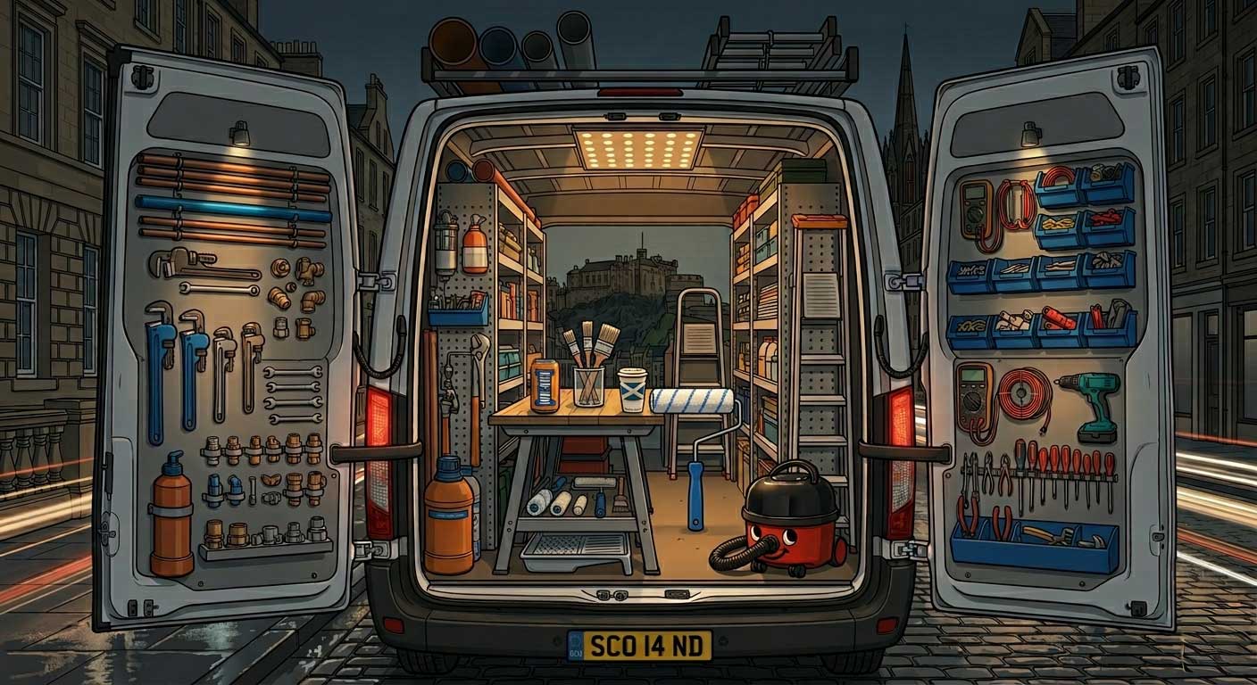 White tradesman van packed with paint brushes, tools and equipment with Edinburgh Castle visible in the background — representing Edinburgh tradesmen