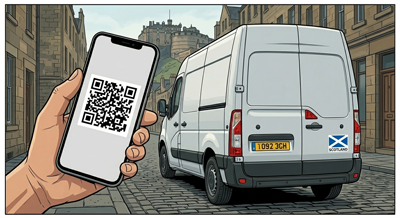 Hand holding a phone scanning a WhatsApp QR code on a white tradesman van parked on Edinburgh cobblestones with a Scottish flag sticker
